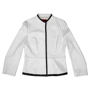 Nicola Berti Women White Italian Leather Jacket Black Trim Snap Front Size M